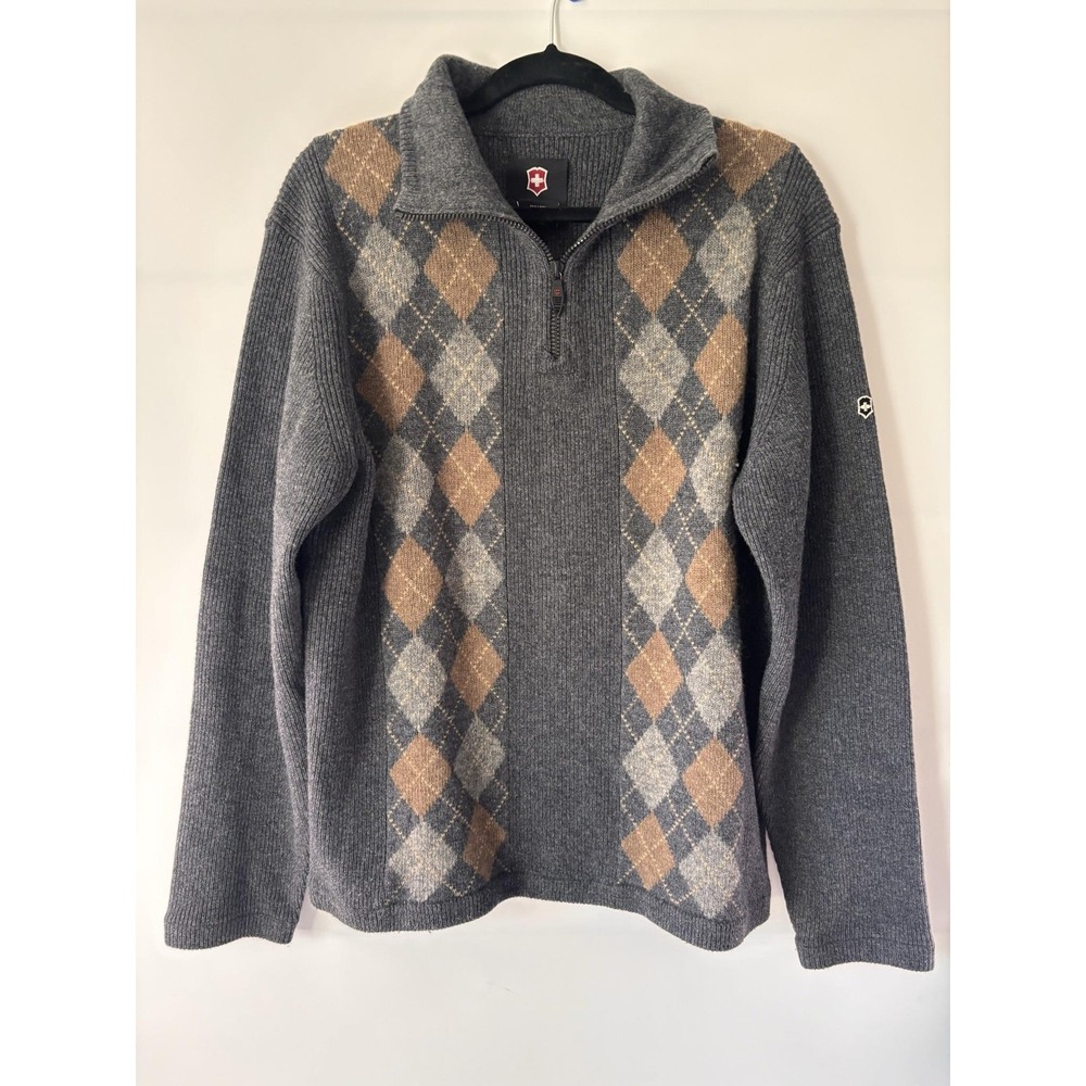 Victorinox Sweater Mens XL Gray Wool Cashmere 1/4 Zip Argyle Mock Neck Knit